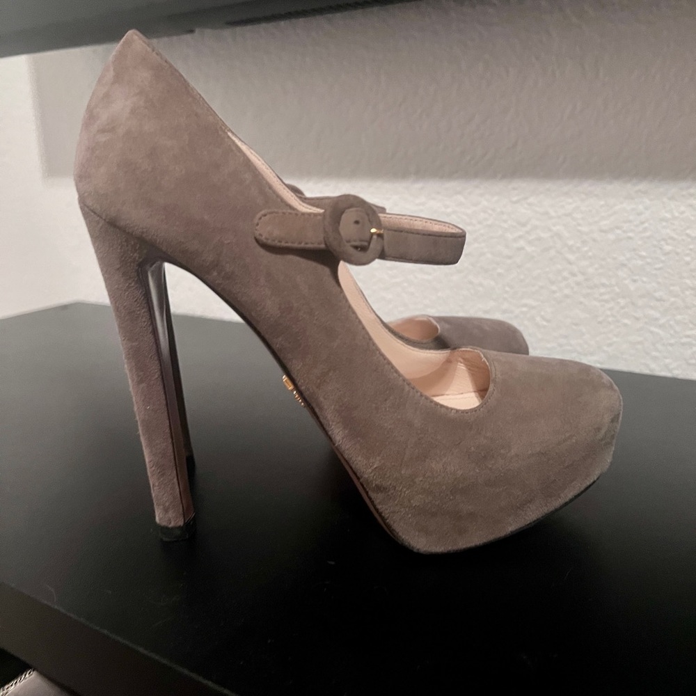 Prada, Made in Italy grey suede Mary Jane platform pumps
